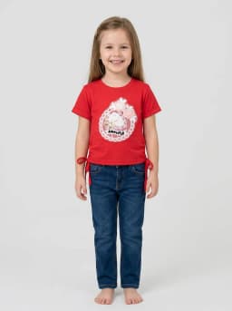 Girls Bright Red Lace Flower Applique Short Sleeve Top with Side Ties