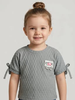 Girls Slate Grey Textured Tie-Sleeve Top with Love Pearl Brooch