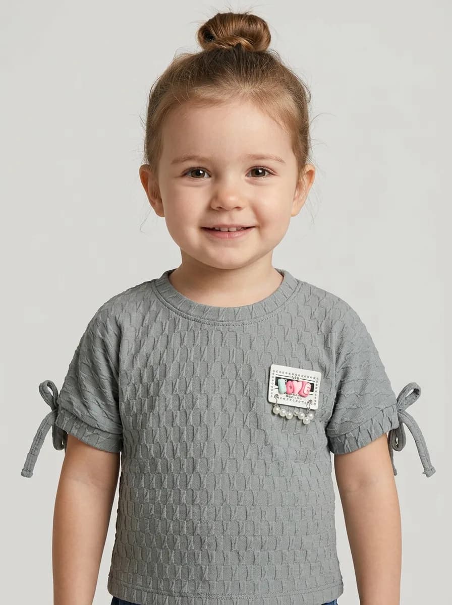 Girls Slate Grey Textured Tie-Sleeve Top with Love Pearl Brooch