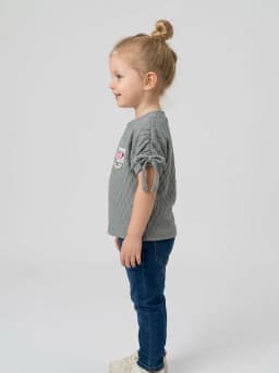 Girls Slate Grey Textured Tie-Sleeve Top with Love Pearl Brooch