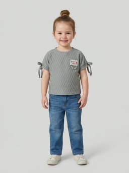 Girls Slate Grey Textured Tie-Sleeve Top with Love Pearl Brooch
