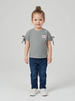 Girls Slate Grey Textured Tie-Sleeve Top with Love Pearl Brooch