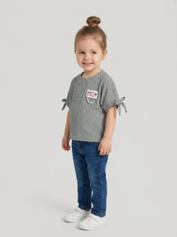 Girls Slate Grey Textured Tie-Sleeve Top with Love Pearl Brooch