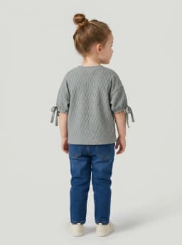 Girls Slate Grey Textured Tie-Sleeve Top with Love Pearl Brooch