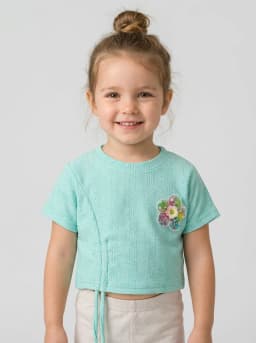 Girls Mint Green Textured Glitter Top with Floral Applique