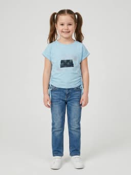 Girls Sky Blue Handbag Embellished Top with Ruched Sides