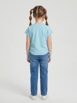 Girls Sky Blue Handbag Embellished Top with Ruched Sides