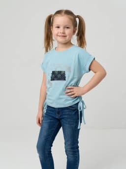 Girls Sky Blue Handbag Embellished Top with Ruched Sides