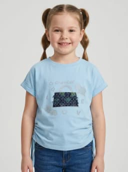 Girls Sky Blue Handbag Embellished Top with Ruched Sides