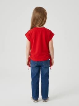 Girls Red Graphic T-Shirt with Sequin W Patch and Side Ties