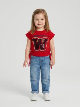 Girls Red Graphic T-Shirt with Sequin W Patch and Side Ties