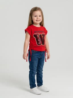 Girls Red Graphic T-Shirt with Sequin W Patch and Side Ties