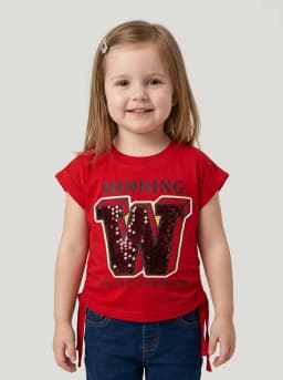 Girls Red Graphic T-Shirt with Sequin W Patch and Side Ties