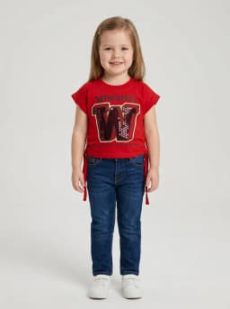 Girls Red Graphic T-Shirt with Sequin W Patch and Side Ties