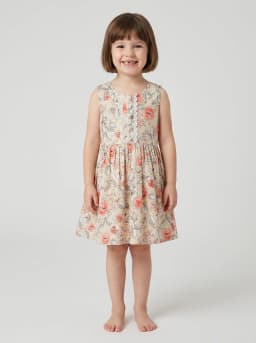 Girls Beige Floral Print Sleeveless Fit and Flare Frock