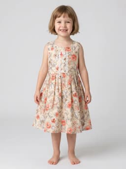 Girls Beige Floral Print Sleeveless Fit and Flare Frock