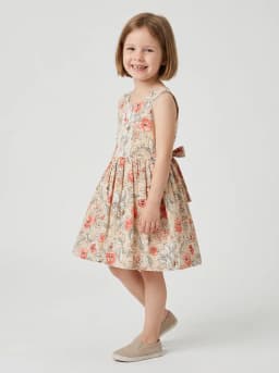 Girls Beige Floral Print Sleeveless Fit and Flare Frock