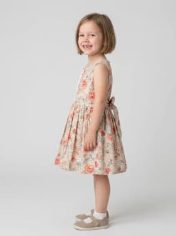 Girls Beige Floral Print Sleeveless Fit and Flare Frock