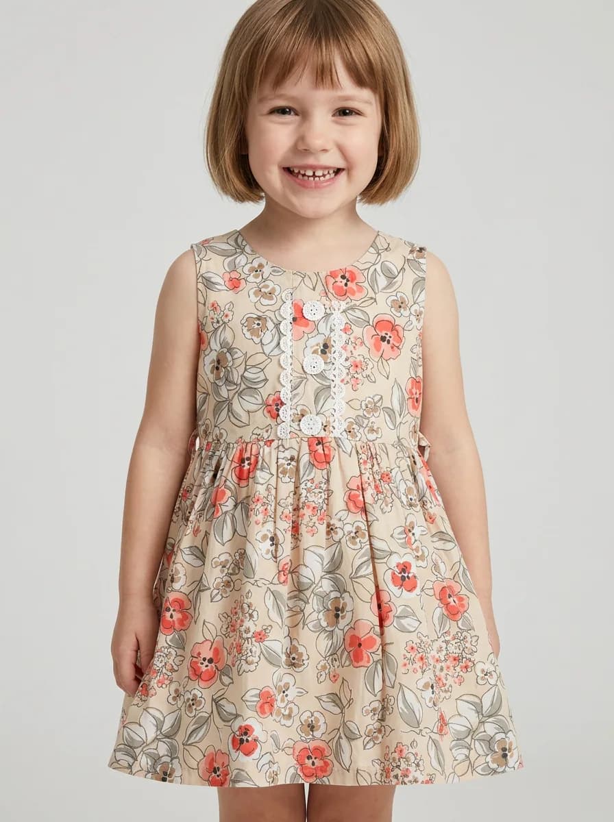 Girls Beige Floral Print Sleeveless Fit and Flare Frock