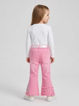 Girls Pink Flared Denim Jeans with Floral Embellishments and Ribbon Belt