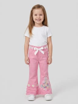 Girls Pink Flared Denim Jeans with Floral Embellishments and Ribbon Belt