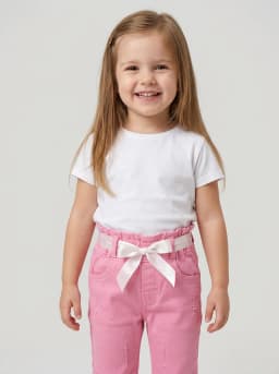 Girls Pink Flared Denim Jeans with Floral Embellishments and Ribbon Belt