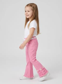Girls Pink Flared Denim Jeans with Floral Embellishments and Ribbon Belt
