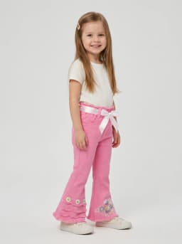 Girls Pink Flared Denim Jeans with Floral Embellishments and Ribbon Belt