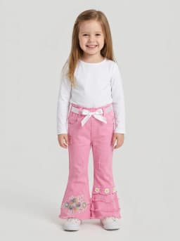 Girls Pink Flared Denim Jeans with Floral Embellishments and Ribbon Belt