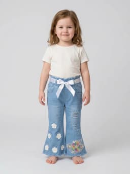 Girls Light Wash Denim Floral Bell Bottom Jeans with Satin Belt