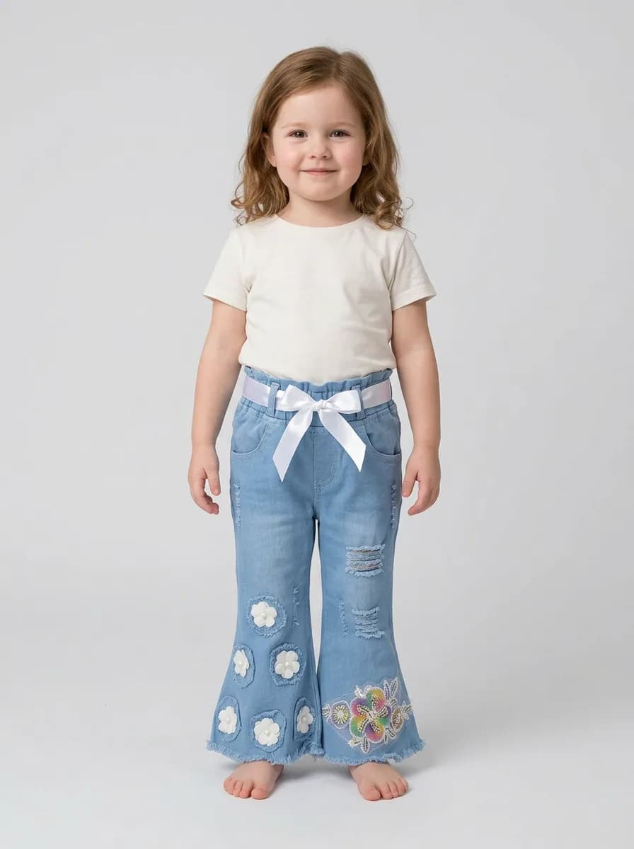 Girls Light Wash Denim Floral Bell Bottom Jeans with Satin Belt