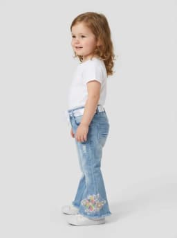 Girls Light Wash Denim Floral Bell Bottom Jeans with Satin Belt