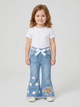 Girls Light Wash Denim Floral Bell Bottom Jeans with Satin Belt