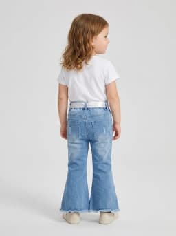 Girls Light Wash Denim Floral Bell Bottom Jeans with Satin Belt