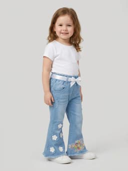 Girls Light Wash Denim Floral Bell Bottom Jeans with Satin Belt