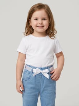 Girls Light Wash Denim Floral Bell Bottom Jeans with Satin Belt