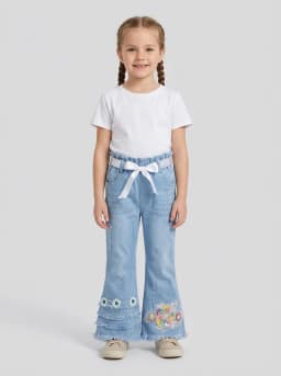 Girls Light Blue Wash Embellished Flare Denim Jeans with Ribbon Belt