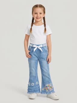 Girls Light Blue Wash Embellished Flare Denim Jeans with Ribbon Belt