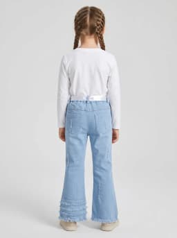 Girls Light Blue Wash Embellished Flare Denim Jeans with Ribbon Belt