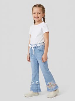 Girls Light Blue Wash Embellished Flare Denim Jeans with Ribbon Belt