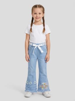 Girls Light Blue Wash Embellished Flare Denim Jeans with Ribbon Belt