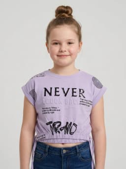 Girls Lavender Typographic Print Crop Top with Side Tie-Up Hem