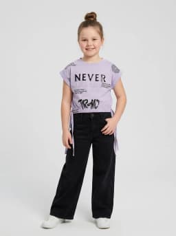 Girls Lavender Typographic Print Crop Top with Side Tie-Up Hem