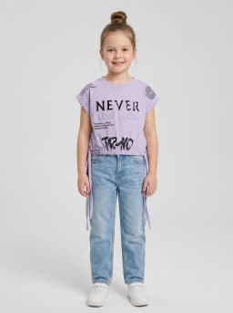 Girls Lavender Typographic Print Crop Top with Side Tie-Up Hem