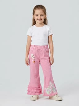 Girls Bubblegum Pink Flared Jeans with Sequin Floral Embroidery
