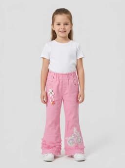 Girls Bubblegum Pink Flared Jeans with Sequin Floral Embroidery
