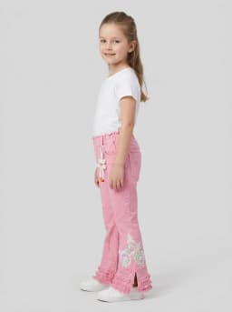 Girls Bubblegum Pink Flared Jeans with Sequin Floral Embroidery