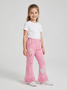 Girls Bubblegum Pink Flared Jeans with Sequin Floral Embroidery