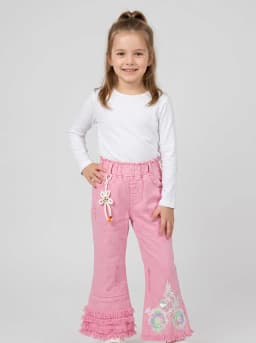 Girls Bubblegum Pink Flared Jeans with Sequin Floral Embroidery