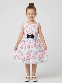 Girls White Floral Print Sleeveless Frock with Black Bow
